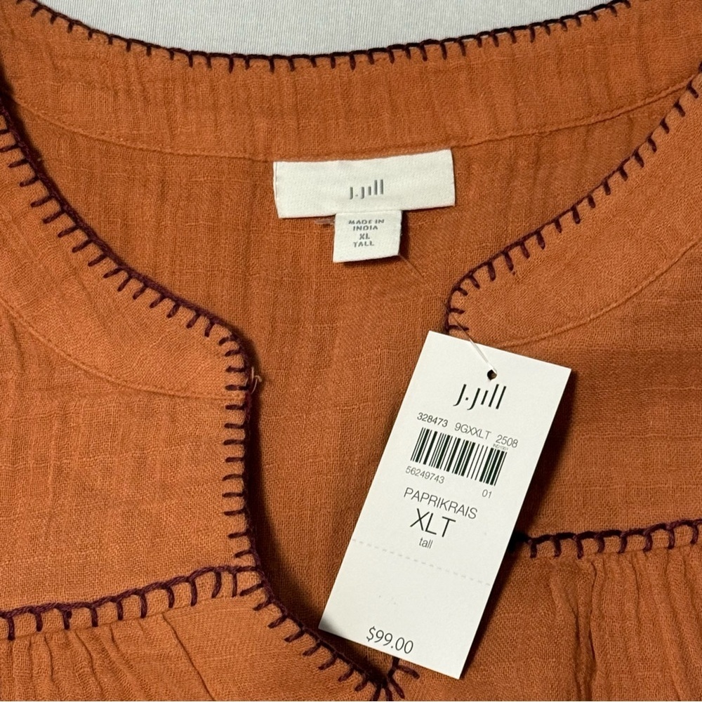 J. Jill Terracotta Cotton Gauze Blouse with Embroidered Sleeves - Picture 7 of 9